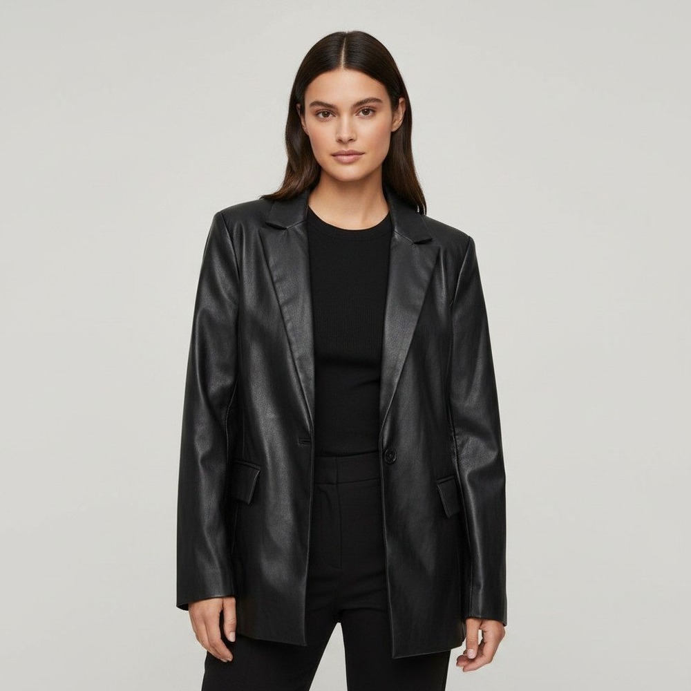 Peppermayo Black Faux Vegan Leather Single Button Blazer Jacket US 6 AU 10